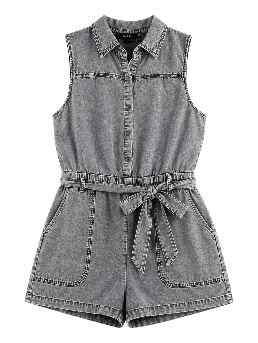 Utility Denim Romper | Gray Button Front Tie Waist Sleeveless Jumpsuit
